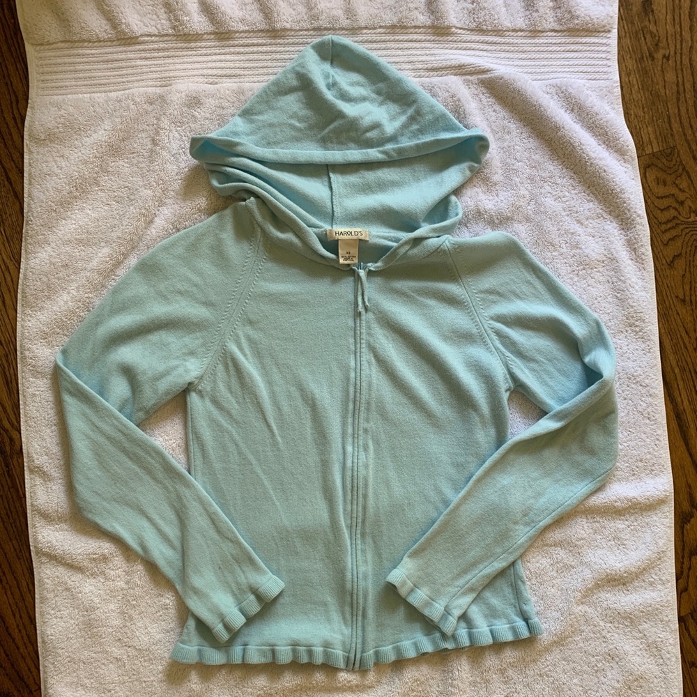 Light blue zip up hooded sweater